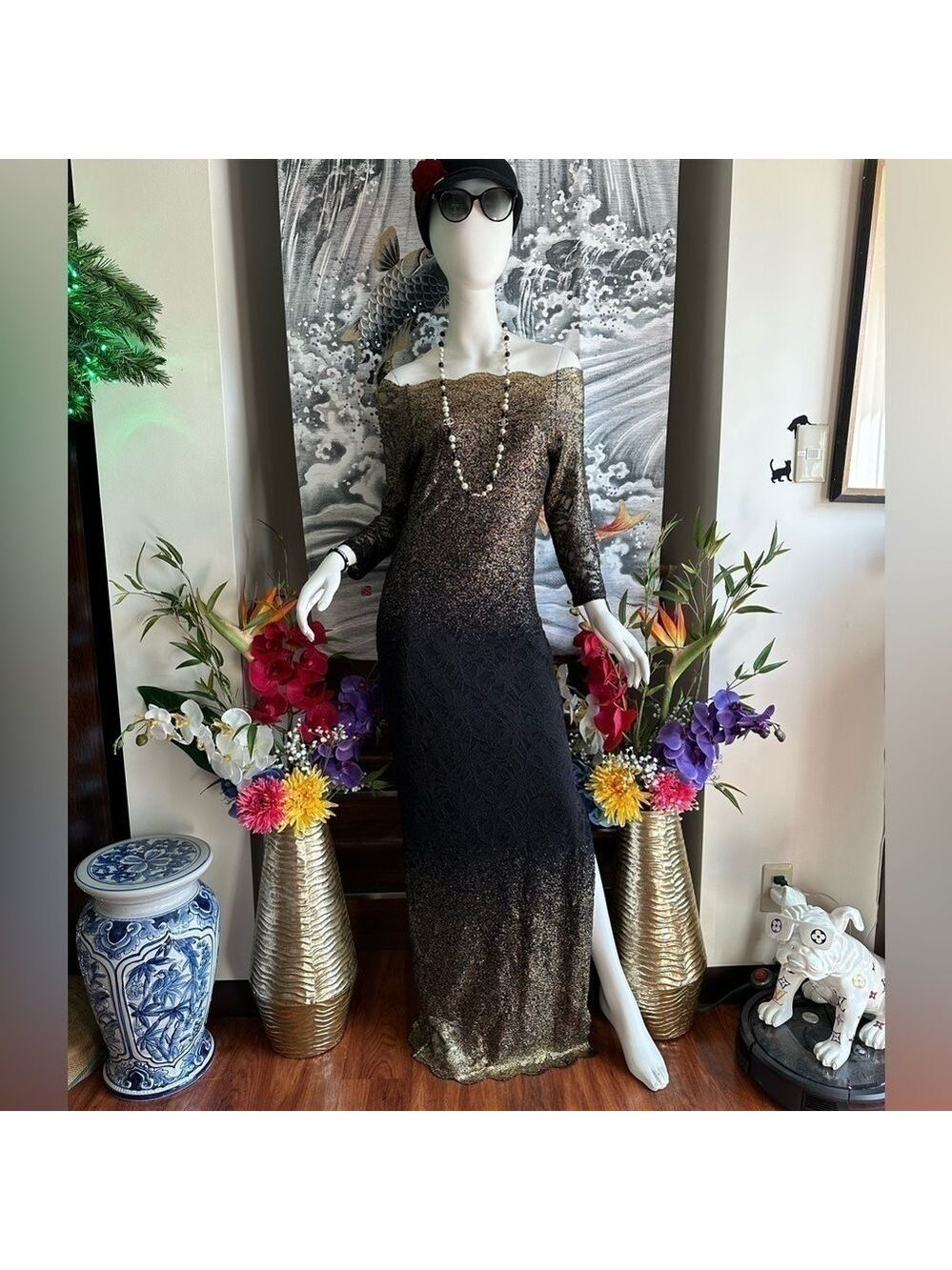 Marina BLACK & GOLD LACE OFF THE SHOULDER OMBRÉ BODY CON FLOOR LENGTH GOWN  6